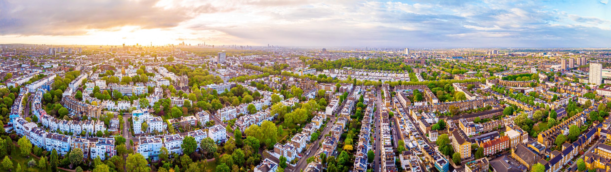 Aerial view over prime west London at sunset